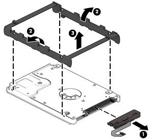3. To disassemble the hard drive, pull the connector away from the drive to remove it (1). 4.