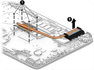 3. Remove the heat sink assembly from the system board (2). NOTE: Heat sink appearance may vary. Discrete graphics 4. On models with UMA graphics, remove the four Phillips PM2.0 3.