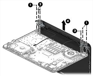 4. Remove the battery (see Battery on page 32). 5. Remove the optical drive (see Optical drive on page 33). 6. Remove the bottom cover (see Bottom cover on page 36). To remove the display assembly: 1.