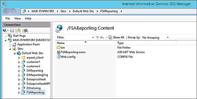 ) If the EnterpriseVaultFSAReporting application pool is not present, configure the FSA Reporting web service manually on the Enterprise Vault server.