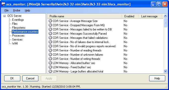 ocs_monitor GUI The groups types are: Eventlogs Files Filesystems Performance counters Processes Services WMI When you select a ocs_monitor node, all profiles appear in the right pane.