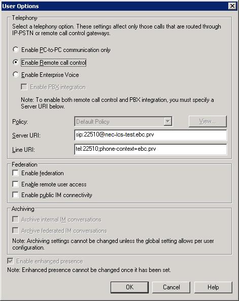 Microsoft OCS Configuration 2-7 Figure 2-9 User Options dialog box Step 2 Select Enable Remote call control in the Telephony field and then enter the server URI and Line URI.