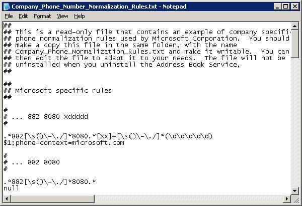 Microsoft OCS Configuration 2-9 Figure 2-11 Example of Normalization Rules Text File Step 4 Save the file Company_Phone_Number_Normalization_Rules.