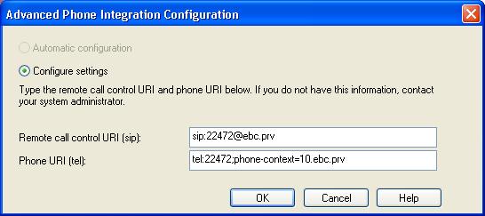 Figure 2-17 Advanced Phone Integration Configuration dialog box Step 4 Step 5 When selecting Configure settings, enter the Remote Call Control