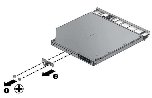 3. If it is necessary to replace the bracket on the rear of the optical drive, remove the two Phillips PM2.0 3.