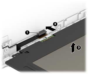 On the back of the display panel, release the adhesive strip (1) that secures the display panel cable to the display panel, and then disconnect the cable (2). d. Remove the display panel from the computer (3).