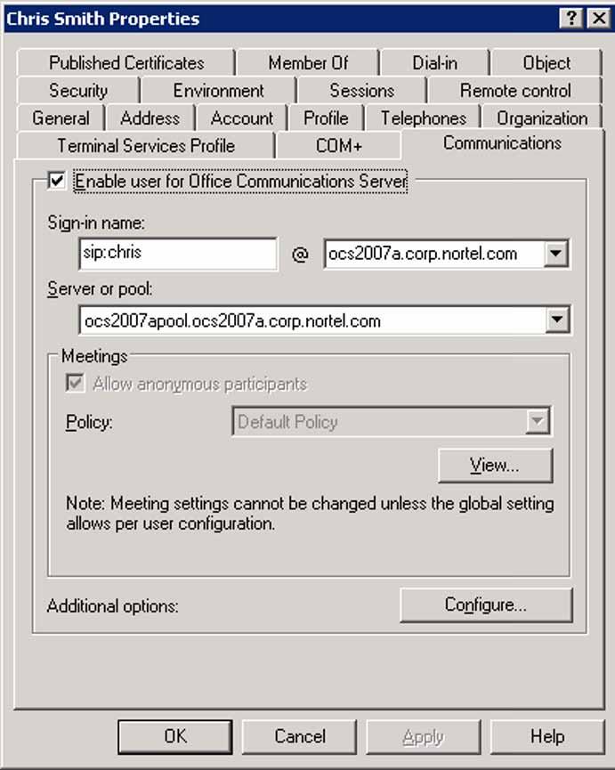 Active Directory configuration 115 6 Click the check box next to Enable user for Office Communications Server 7 In the fields provided, define the user Sign-in name and the Server or pool ) Office