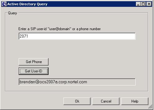 MCM 30 configuration 145 Active Directory query The Active Directory Query tool is used to check Active Directory mapping configuration It searches for a user-id (SIP URI) by a given telephone
