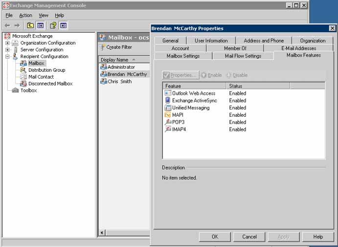 204 Configuration 4 End Adding Exchange UM Step Action 1 From the Exchange Management Console window, click on Recipient Configuration, and select Mailbox 2 Select a user For example, Brendan
