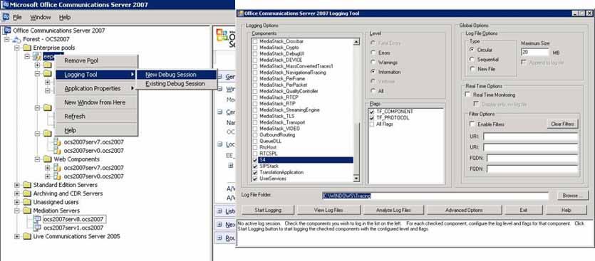 232 Troubleshooting Activating OCS logs Step Action 1 Right-click on the OCS pool and select Logging Tool and then choose New Debug Session 2 In the OCS 2007 Logging Tool window, specify the