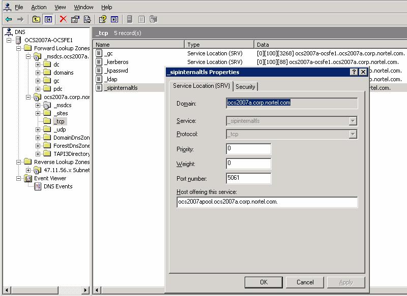 Enterprise Edition 287 Figure 125 sipinternaltls SRV records 6 On the DNS server, right-click on ocs2007apool and select Properties 7 Select the Host (A)