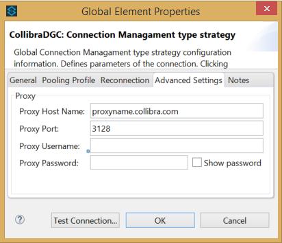 Chapter 3 2. In the Connections Explorer pane, expand gateway and double-click CollibraDGC to open the properties. 3. On the Advanced Settings tab, you can define the proxy settings: You have to provide proxy settings for every integration template in the Collibra domain that needs the proxy.