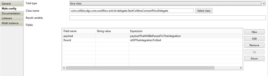 An example of configuring the delegate to start the workflow (flowid parameter