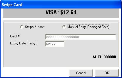 Damaged Cards (Manual Entry) Process your transaction as normal. On the tender window, choose the appropriate credit card from the payment menu. (Either type in the amount, or press the + key.