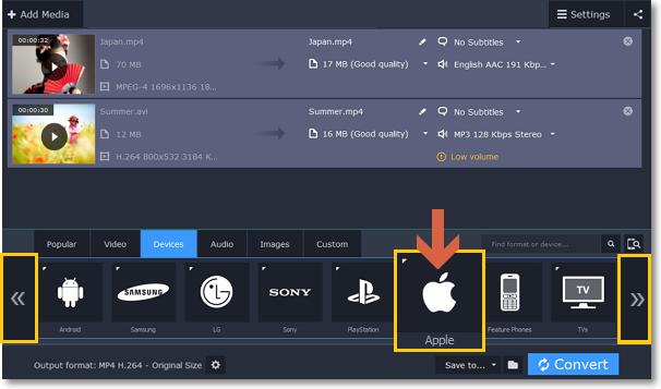 Learn more Step 1: Add files Open the files you want to convert. Step 2: Open the Devices tab In the lower half of the window, click the Devices tab so see a list of device presets.