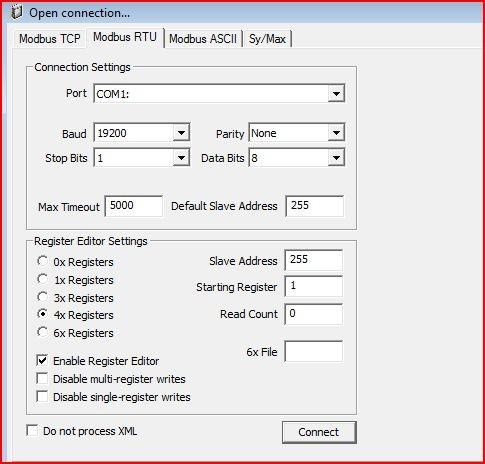 7. Under Register Editor Settings check that 4x registers is selected, set slave address to 255, Starting Register to 1, Read Count to 0, Enable