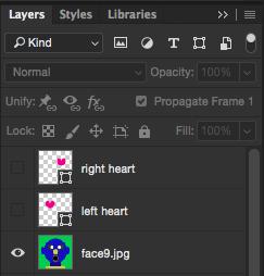 3 Hide a Selected Layer Your Frame Animation Timeline Panel should have 2 frames: a. Go to your Layers panel, and choose the layer you wish to hide in the second frame b.