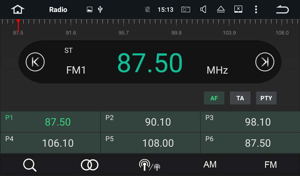 Radio 1 2 5 3 4 3 6 5 6 7 8 9 1. Broadcast frequency slider 2. Perform manual tuning 3. AF (Alternative Frequencies)/ TA (Traffic Announcement)/ PTY (Program Type) 4.
