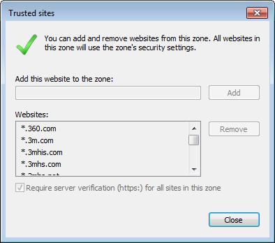 Click the Security tab. 4. In the Select a zone to view or change security settings, select Trusted sites (green checkmark). 5. Click Sites button. 6.
