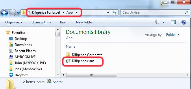 4. In the resultant form browse to the location in which you dragged the Diligence folder (MyDocuments / Diligence for Excel?