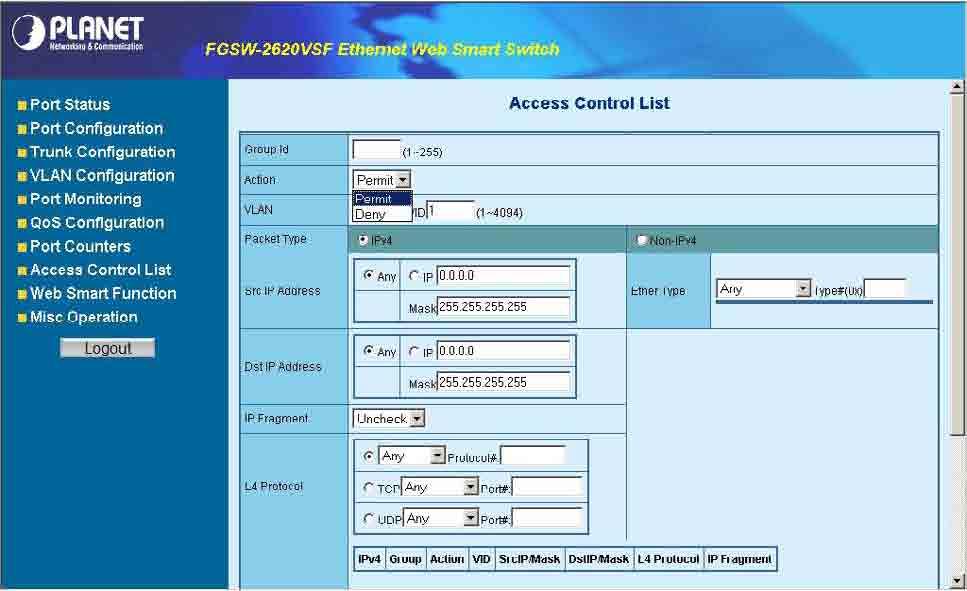 Figure 4-49 Access Control List (ACL) Web Page screen
