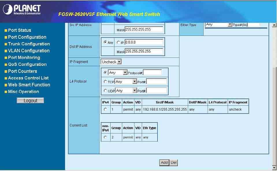 Figure 4-55 Access Control List (ACL) Web Page screen