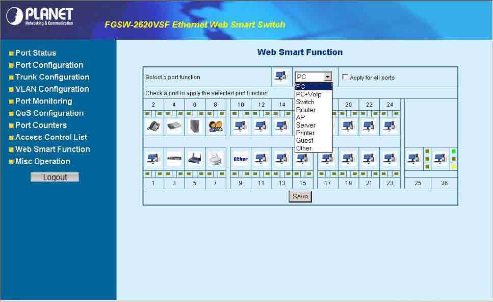 Figure 4-64 Web Smart Funciton Web Page screen