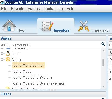 Display Inventory Data Use the CounterACT Inventory to view a real-time display of Afaria device network activity at multiple levels, for example, software installed, core attributes.
