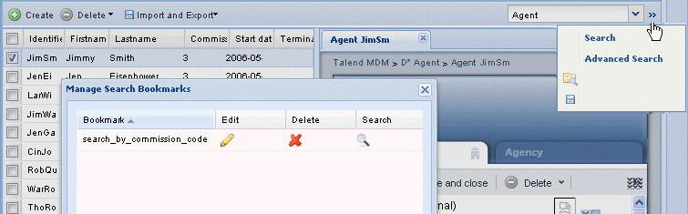 Managing records in an entity 1. Click on the icon in the upper right corner of the page to open the search bookmark list. This list includes all search bookmarks created by different business users.