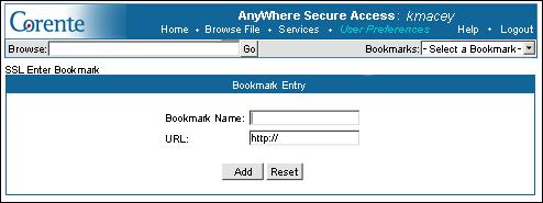 1. Click the link labeled Enter New Bookmark. The Bookmark Entry interface will be displayed. Figure 48: Enter New Bookmark 2.