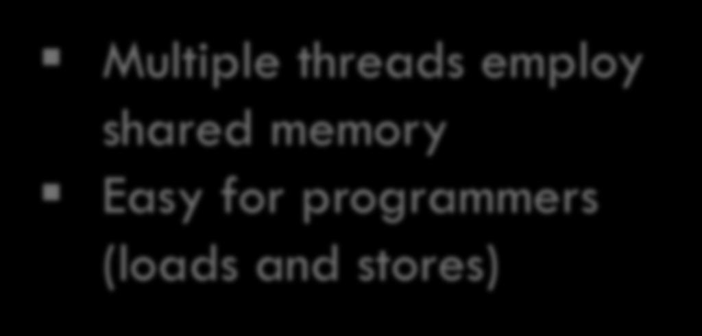 Shared Multiple threads employ shared memory Easy for programmers