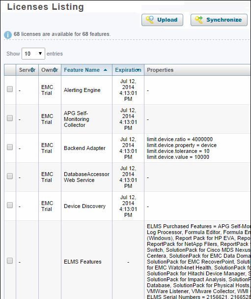 Licensing Upload a new license file This table displays Information for ELMS licenses related to product name for the license, SWID, and serial numbers.