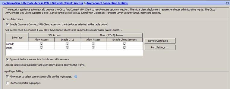 8. On the AnyConnect Connection Profiles window, verify these options are selected: (Optional)