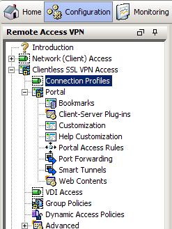 6. Click Apply. 7. Click Remote Access VPN > Clientless SSL VPN Access > Connection Profiles. 8.