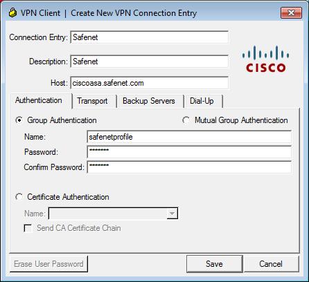 On the Create New VPN Connection Entry window, complete the following fields, and then click Save: Connection Entry Description Host Authentication Enter a unique name for the connection.