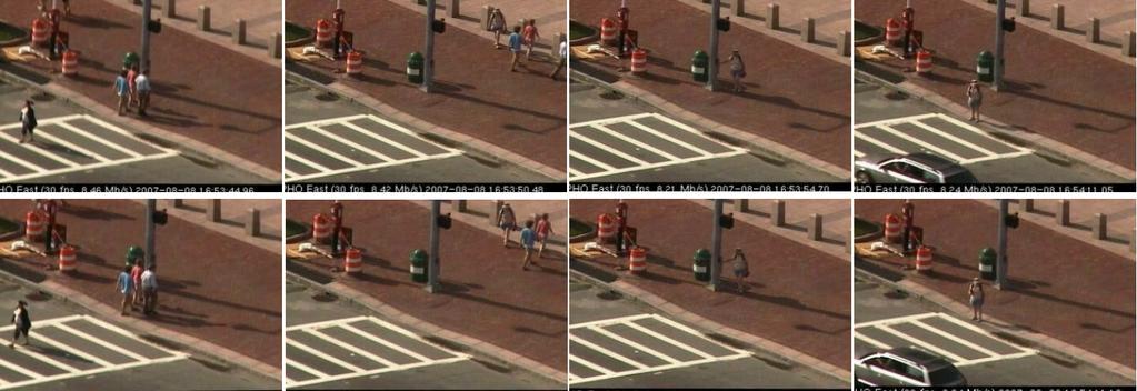 Fig. 4. Stabilized frames of sidewalk video. The first row is our result with a 95% crop window size, and the second row is that of Grundmann et.al[2] with a 9% crop window size.