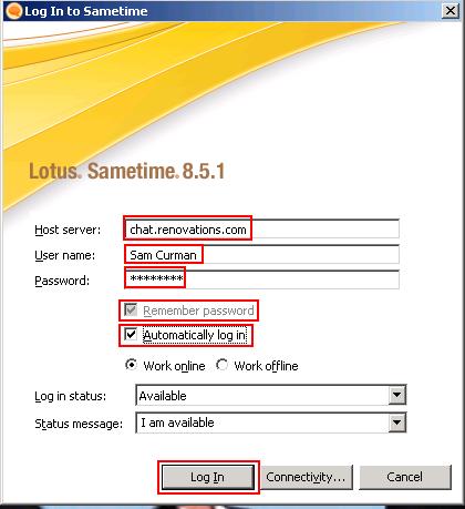 Fill the configuration form with your Sametime Community Server host name and User credentials in the LDAP directory. In this example we use chat.renovations.