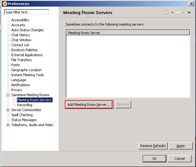 To add a new Sametime Meeting Room Server