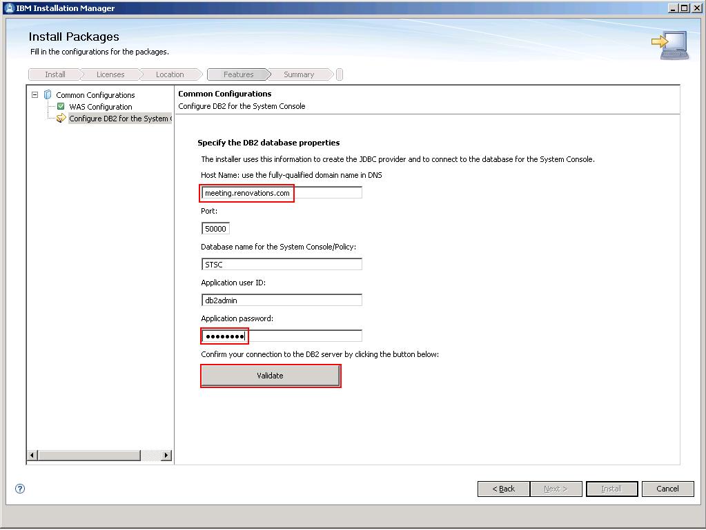 Enter the host name of your DB2 server and the DB2 Administrator password.