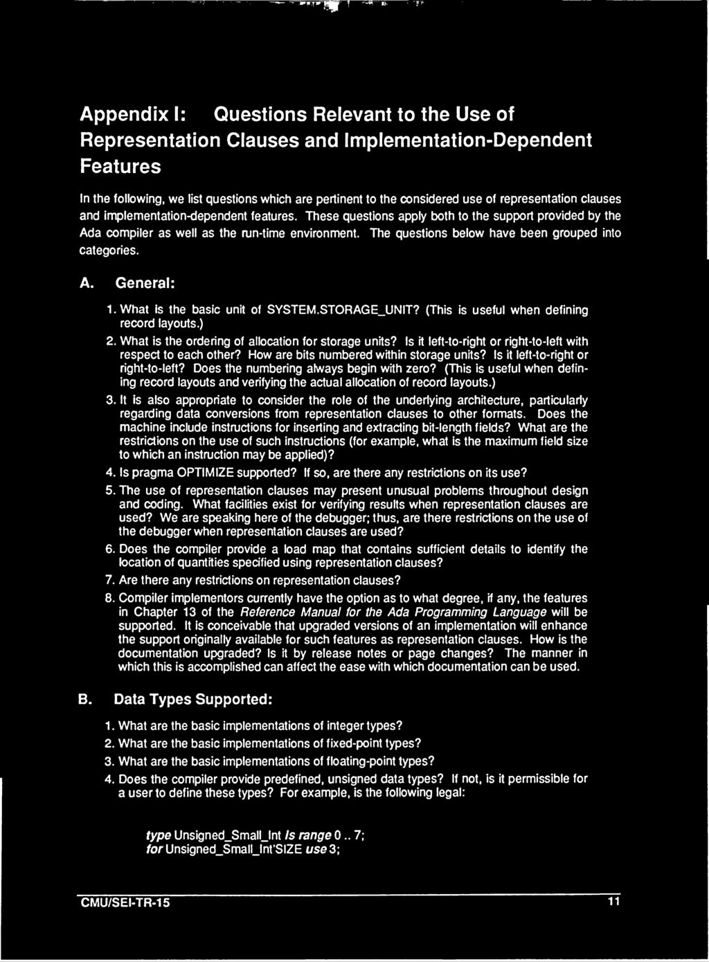 Appendix I: Questions Relevant to the Use of Representation Clauses and Implementation-Dependent Features In the following, we list questions which are pertinent to the considered use of