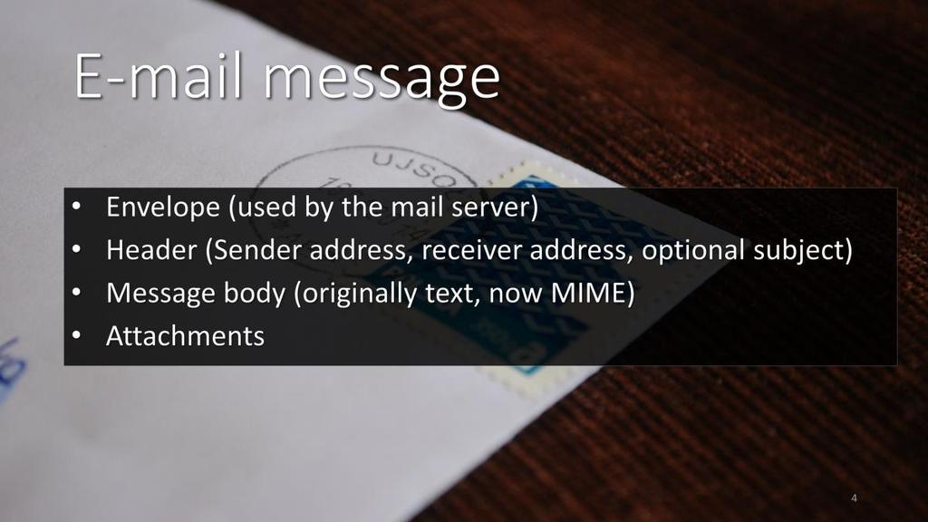 An Internet email message consists of three components, the message envelope, the message header, and the message body.