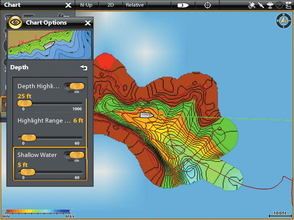Adding Shallow Water Settings to the Map (Map Source: Humminbird) Depth Colors (Humminbird only) Turn on Depth Colors and adjust the range for depth shading in the Chart Views.