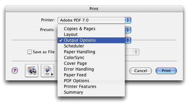creating pdf-files Choose Printer and select Output Options Turn the Save as File