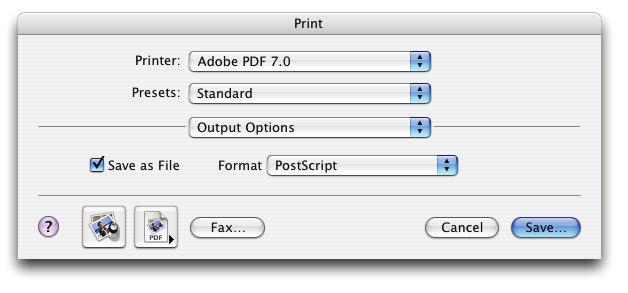 Choose Save and than click Print in the print dialog box. The postscript file is saved.