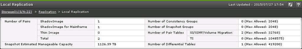 TI Primary Volumes tab Consistency Groups tab Snapshot Groups tab The following image shows the summary section of this window. Summary section The following table describes the items in this section.