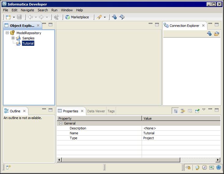 3. Click Finish. The Developer tool adds the Tutorial project under the Model Repository Service in the Object Explorer view. Step 5. Create a Folder Create a folder to store related objects.