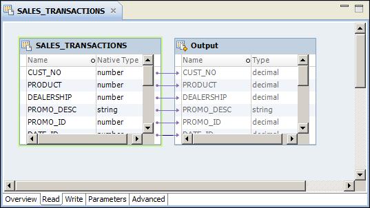 The following figure shows the Read view of the SALES_TRANSACTIONS data object: 8. Select the Write view.