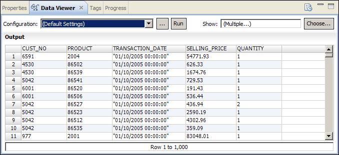 13. Click Run in the Data Viewer view. The Output window displays the selected data in the SALES_TRANSACTIONS.dat file. The following figure shows the previewed data in the Data Viewer view: Step 2.