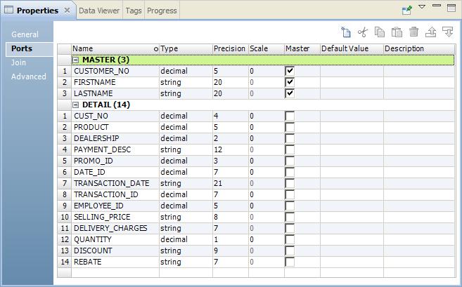 The following figure shows the Ports tab in the Properties view for the Joiner transformation: 5. Click the Join tab.