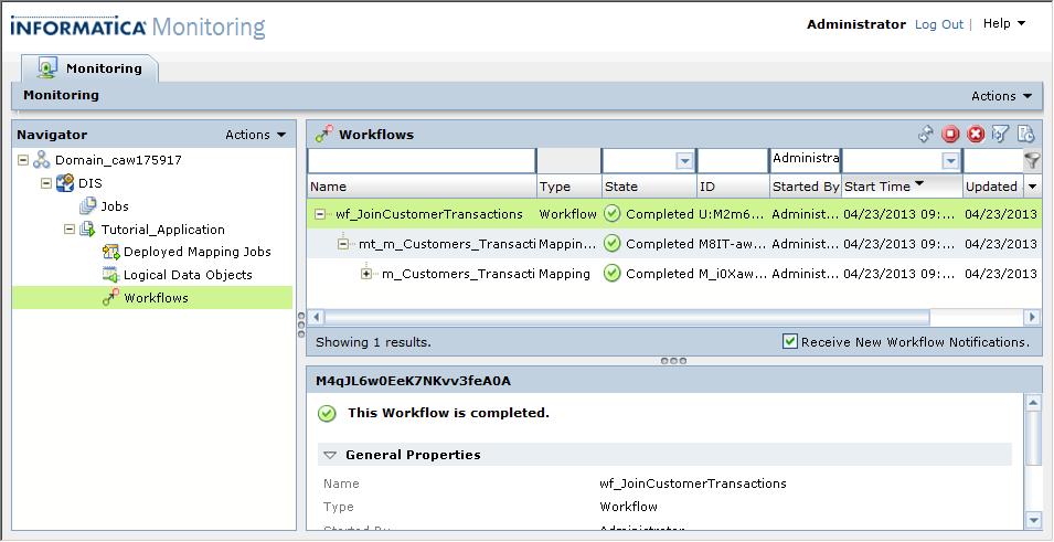 The contents panel displays the workflow instance that was run from the deployed application. 2. In the contents panel, expand the workflow instance, and then expand the Mapping task.